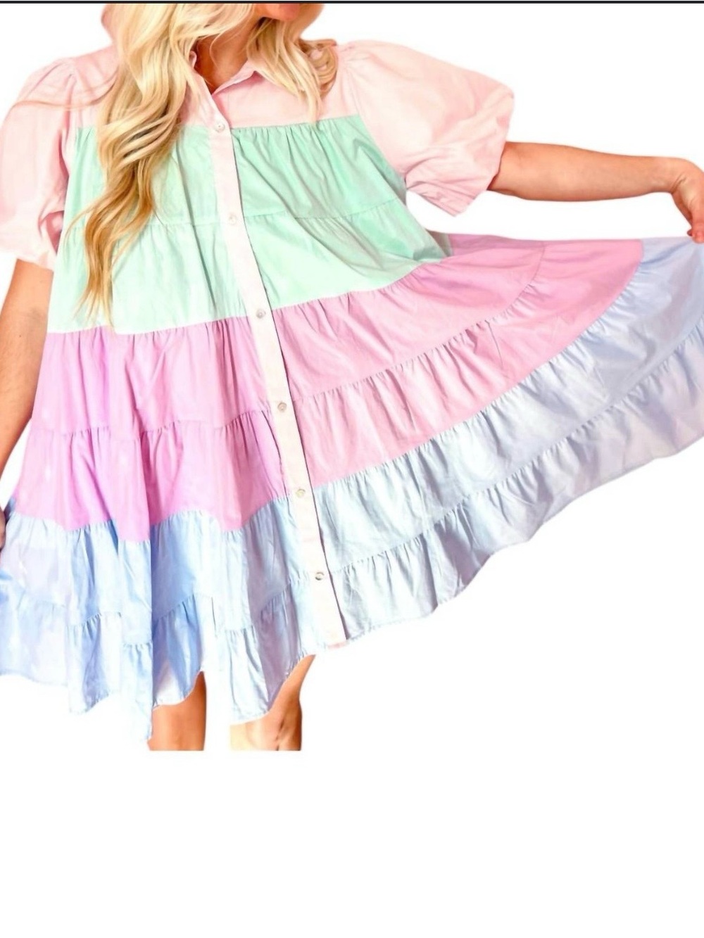 Dress Colorblock Pastel Tiered Babydoll Button-Front Pink Mint blue collared M - Picture 2 of 7